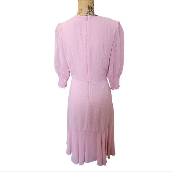 Size 8 Maison Tara Blush Punk Clip Dot Ruffled Faux Wrap Dress Puff Sleeve - Picture 3 of 5